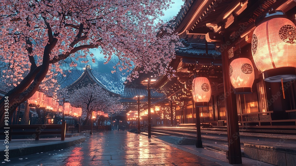 Obraz premium Cherry blossoms bloom near a traditional Asian temple at dusk with lanterns illuminating the scene