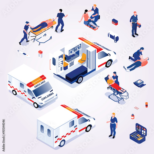 Ambulance isometric set of reanimobiles and medical personnel providing first aid to patients isolated vector illustration