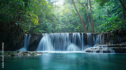 Serene waterfall in lush green forest, tranquil water flowing over rocks into a crystal-clear pool, creating a peaceful and natural landscape.