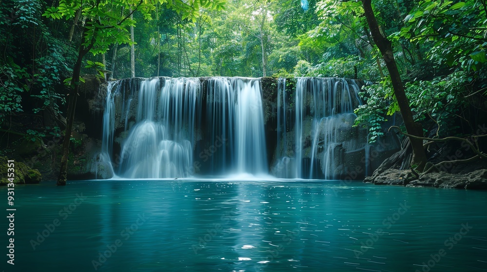 Beautiful waterfall cascading into a serene blue pool surrounded by lush green forest. Perfect for nature, travel, or tranquility-themed projects. Beautiful waterfall cascading into a serene blue pool surrounded by lush green forest. Perfect for nature, travel, or tranquility-themed projects.