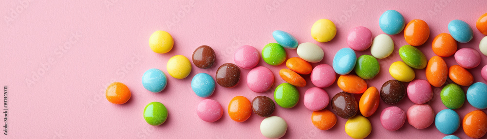 Colorful candy-coated chocolates scattered on a pink background, vibrant and bright confectionery treats, perfect for sweets and treats imagery. Colorful candy-coated chocolates scattered on a pink background, vibrant and bright confectionery treats, perfect for sweets and treats imagery.