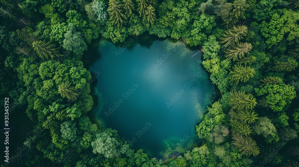 Stunning aerial view of a blue lake surrounded by lush green trees, creating a natural heart shape in the middle of a dense forest. Stunning aerial view of a blue lake surrounded by lush green trees, creating a natural heart shape in the middle of a dense forest.
