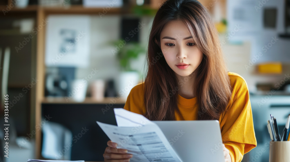 Young Asian woman planning her monthly finances, using a laptop to manage deductions Young Asian woman planning her monthly finances, using a laptop to manage deductions