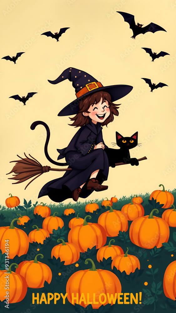 Cartoon witch flying over pumpkins with text Happy Halloween! Cartoon witch flying over pumpkins with text Happy Halloween!