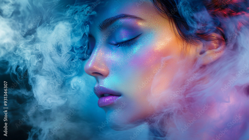 Close-up of a woman’s profile surrounded by vibrant smoke in a dark setting, highlighting colorful illumination reflecting on her skin Close-up of a woman’s profile surrounded by vibrant smoke in a dark setting, highlighting colorful illumination reflecting on her skin