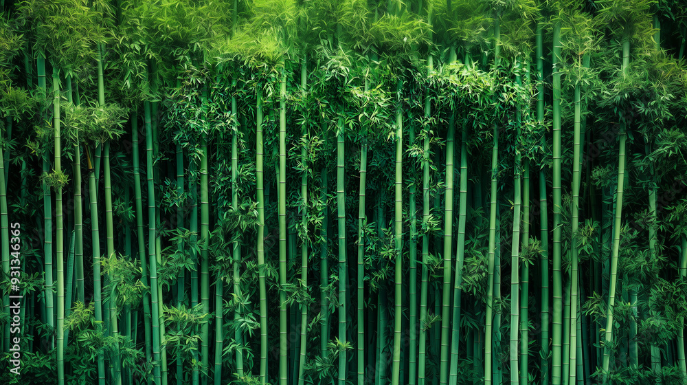 Fototapeta premium A tightly packed wall of bamboo reaching from the ground to the top of the frame, showcasing the rich green hues of the bamboo.
