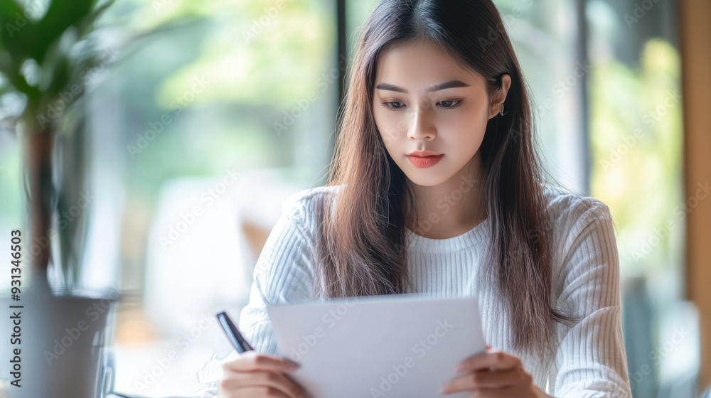 Young Asian woman reviewing her finances on a laptop, planning deductions and expenses Young Asian woman reviewing her finances on a laptop, planning deductions and expenses