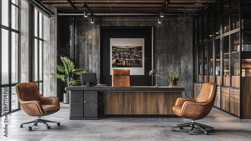 Modern office interior with wooden desk, stylish chairs, and large windows in a high-rise building during the day