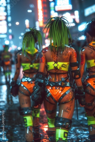 Futuristic street scene with cyberpunk fashion. Vibrant lights reflect on wet pavement as people with neon attire walk under the night sky.