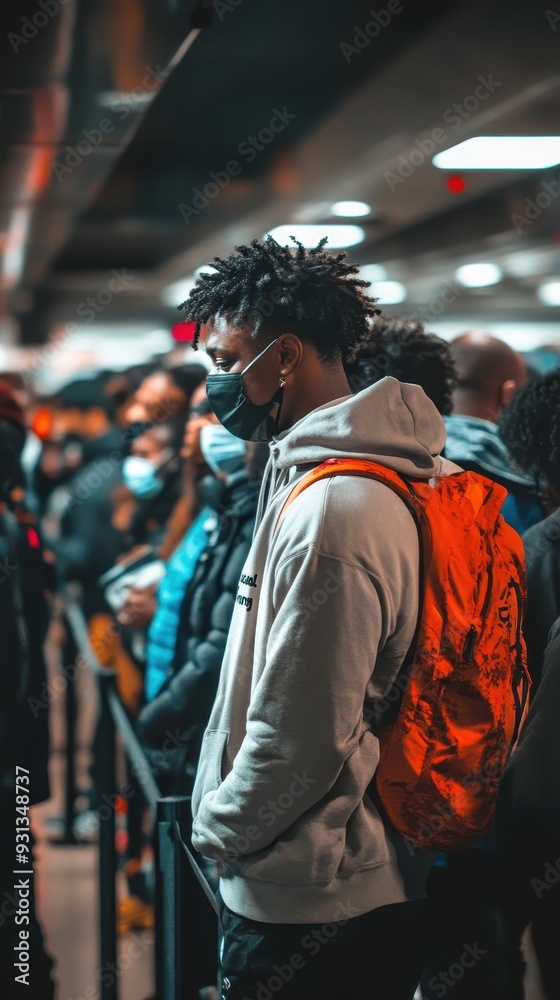 Obraz premium Travelers in an airport queue while observing safety measures and wearing masks