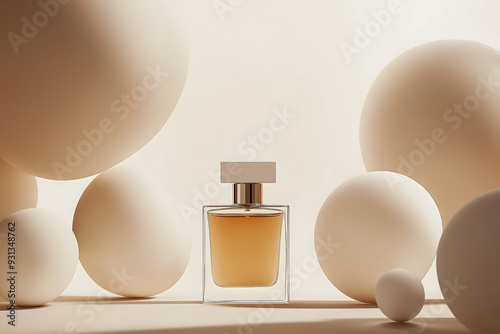 Minimalist Product Photography of a Perfume Bottle on the Ground with Large Round Balloons in the Background. Featuring white and brown colors, soft lighting, and clean lines, the focus is slightly ab photo