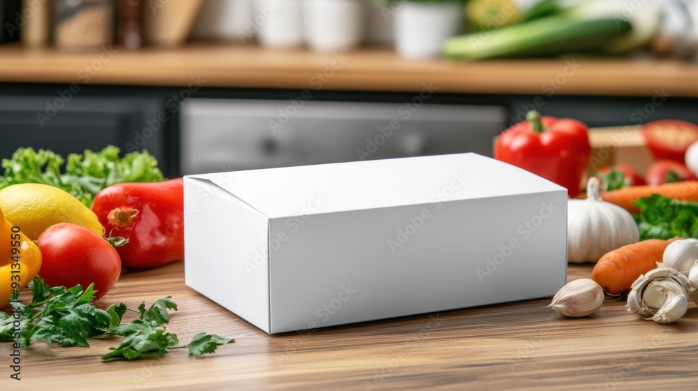 A white box sitting on top of a wooden table with vegetables, AI A white box sitting on top of a wooden table with vegetables, AI
