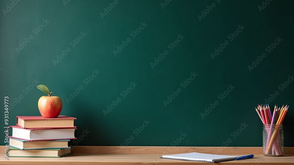 banner 1st september. knowledge day, books, pencils, blackboard, lots of empty space, pastel colors banner 1st september. knowledge day, books, pencils, blackboard, lots of empty space, pastel colors