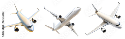 Three Passenger Airplanes Flying in Different Angles on Transparent Background