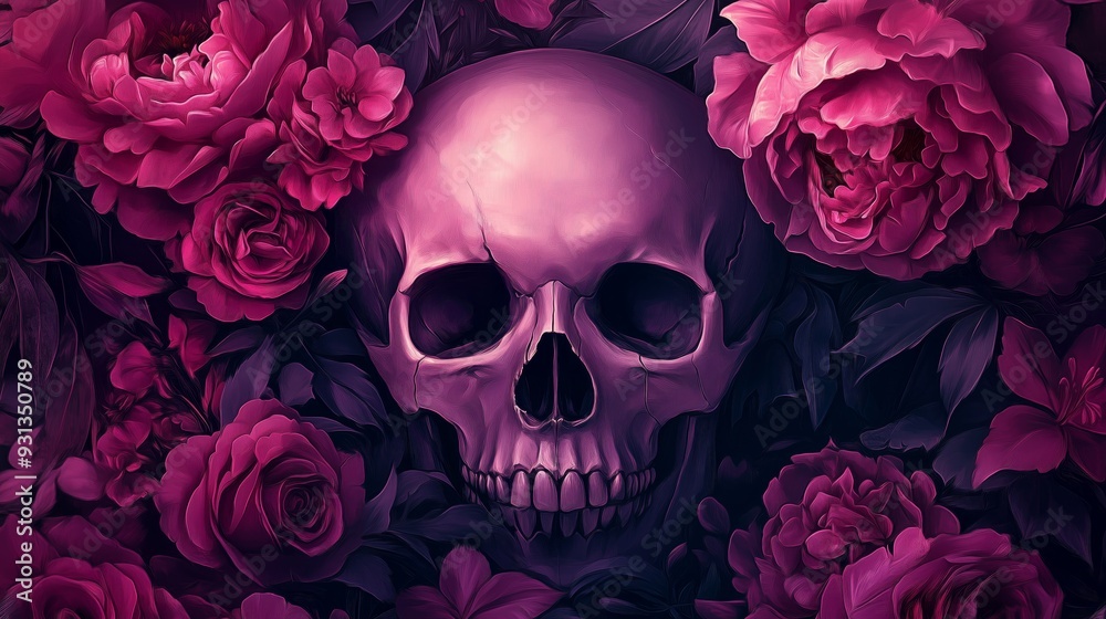 A skull surrounded by flowers, in pink and purple tones. A skull surrounded by flowers, in pink and purple tones.