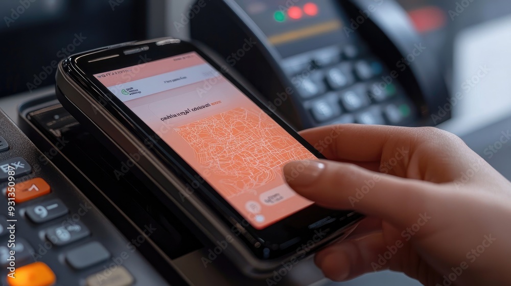 Woman paying using nfc technology on smartphone in a shop Woman paying using nfc technology on smartphone in a shop