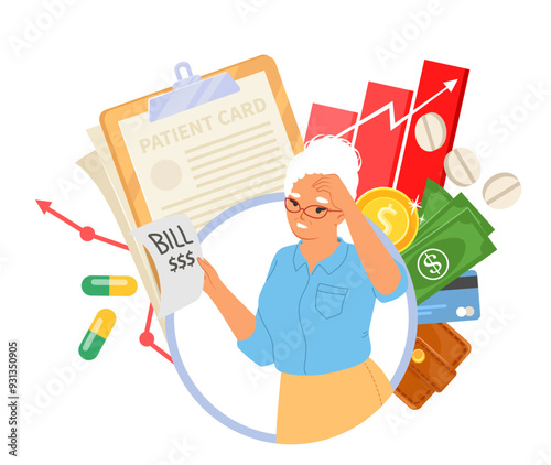 Elderly lady cartoon character feeling shock about expenses on medicines holding bill after shopping at pharmacy vector illustration. Drugs price growing and medical insurance concept