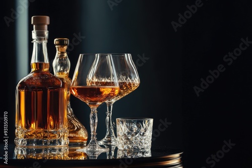 Composition of bottles and glasses presenting variety of strong alcoholic beverages