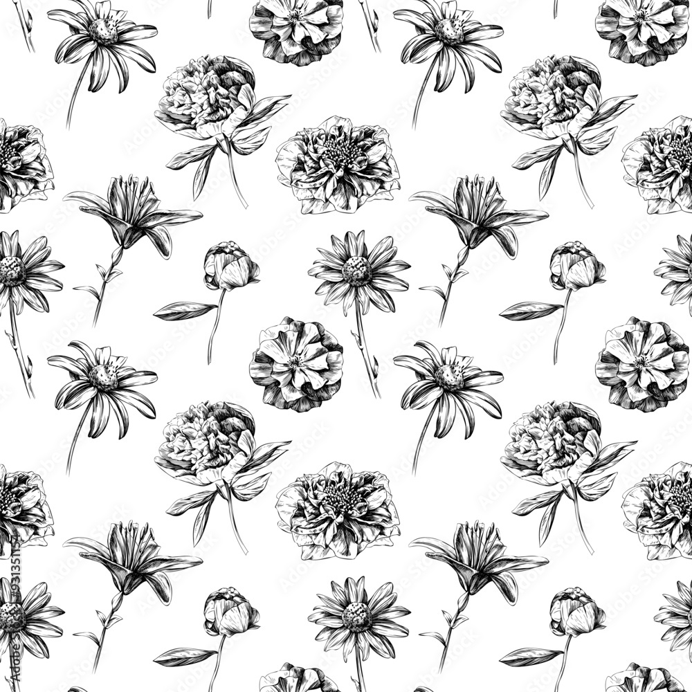 Seamless pattern.  Hand drawn flowers isolate on white. Abstract floral background.