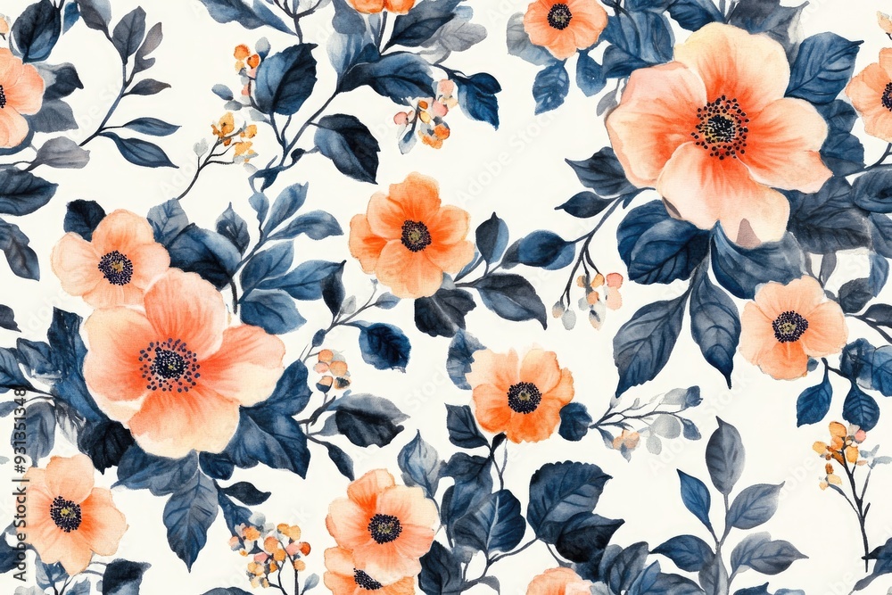 Seamless floral pattern with orange flowers and blue leaves blooming on white background Seamless floral pattern with orange flowers and blue leaves blooming on white background
