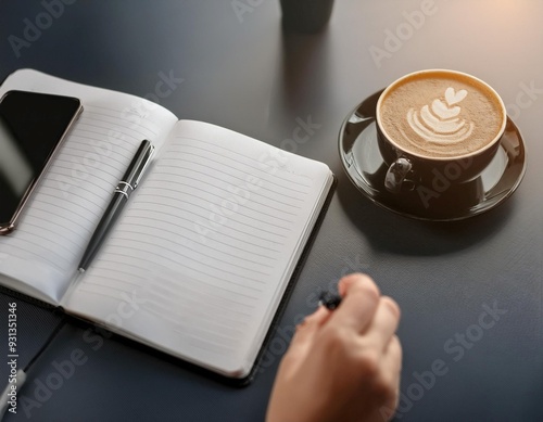 Office tools and gadgets symbolizing an assistant's role, featuring items like a notebook, pen, and smartphone, representing organization, support, and efficiency. photo