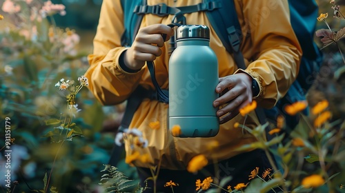 Person in a yellow jacket holding a water bottle among colorful flowers, symbolizing nature, adventure, and hydration during a hike. photo