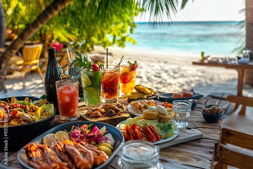 Fototapeta Naklejka Na Ścianę i Meble -  A table full of food and drinks with a beach setting in the background