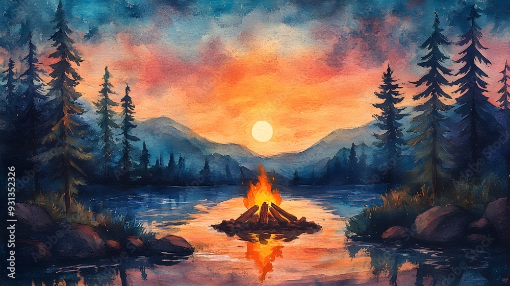 A cheerful camping scene with a glowing campfire, painted in vibrant pastels, watercolor style, perfect for a child's room, evoking warmth and adventure A cheerful camping scene with a glowing campfire, painted in vibrant pastels, watercolor style, perfect for a child's room, evoking warmth and adventure