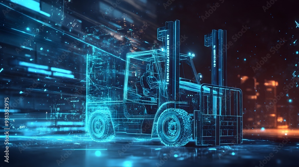 digital blue forklift truck with glowing data streams symbolizes the optimization of artificial intelligence in warehouse management and inventory control digital blue forklift truck with glowing data streams symbolizes the optimization of artificial intelligence in warehouse management and inventory control