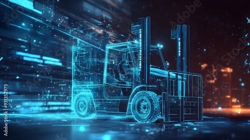 digital blue forklift truck with glowing data streams symbolizes the optimization of artificial intelligence in warehouse management and inventory control 