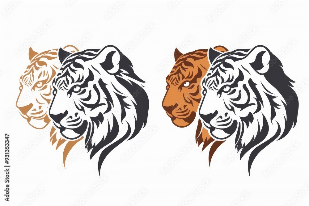 Set of Tiger animals emblem logo design with black line art icon vector illustration on white background