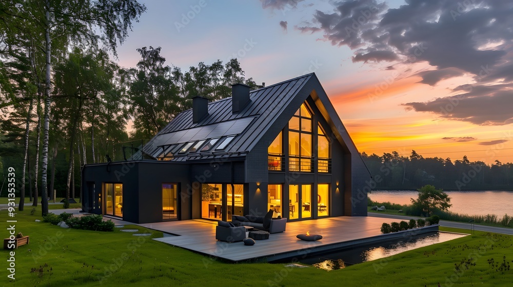 Beautiful modern style luxury home exterior at sunset with glowing interior lights. Beautiful modern style luxury home exterior at sunset with glowing interior lights.