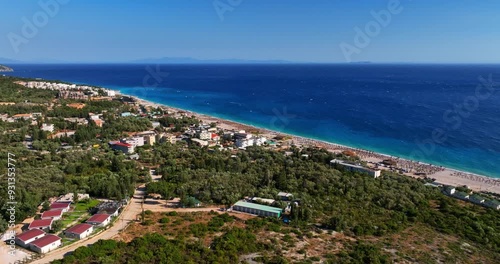 Panoramic drone shot around the Albanian riviera coastline, sunny, summer day photo