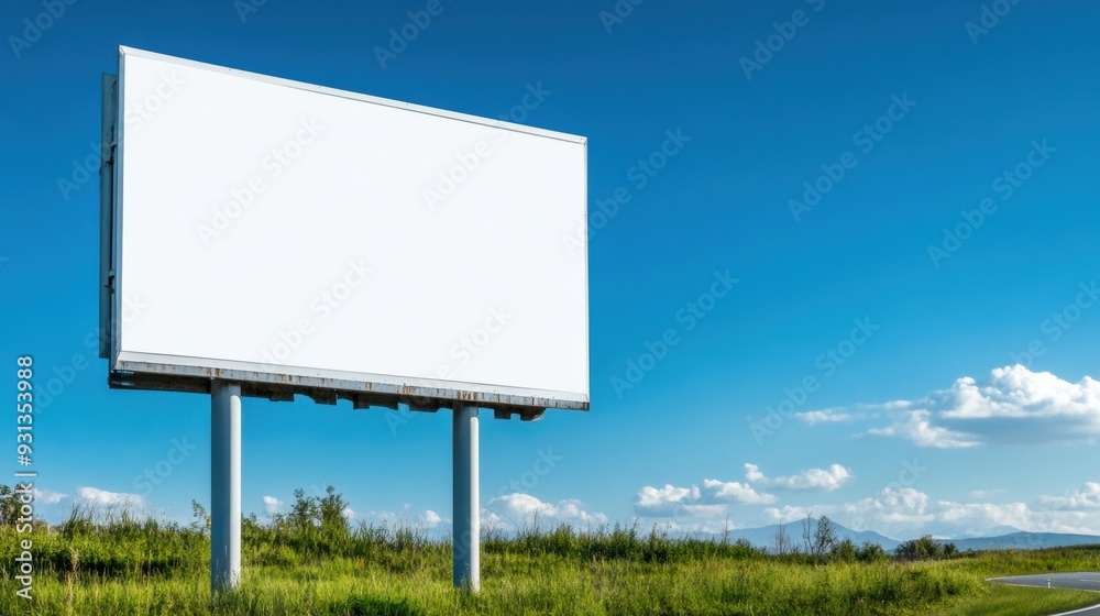 A large white billboard on a grassy road with blue sky, AI A large white billboard on a grassy road with blue sky, AI