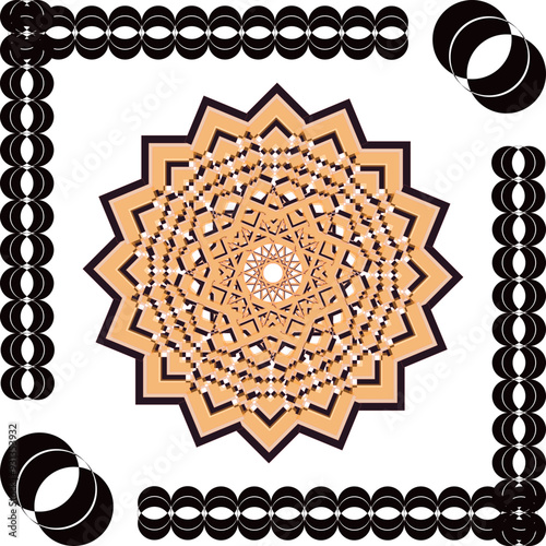 A golden floral graphic design with a black ring border, isolated on a white background in a square shape