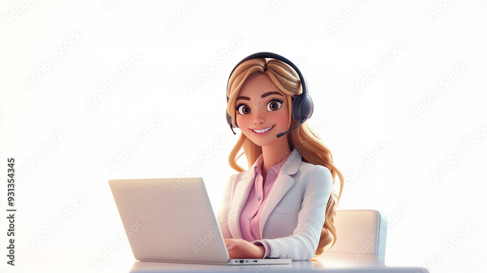 A 3D isometric cartoon of a blonde call center operator in a white blazer and pink blouse, smiling with a headset, typing on a laptop against a white background.
A 3D isometric cartoon of a blonde call center operator in a white blazer and pink blouse, smiling with a headset, typing on a laptop against a white background.