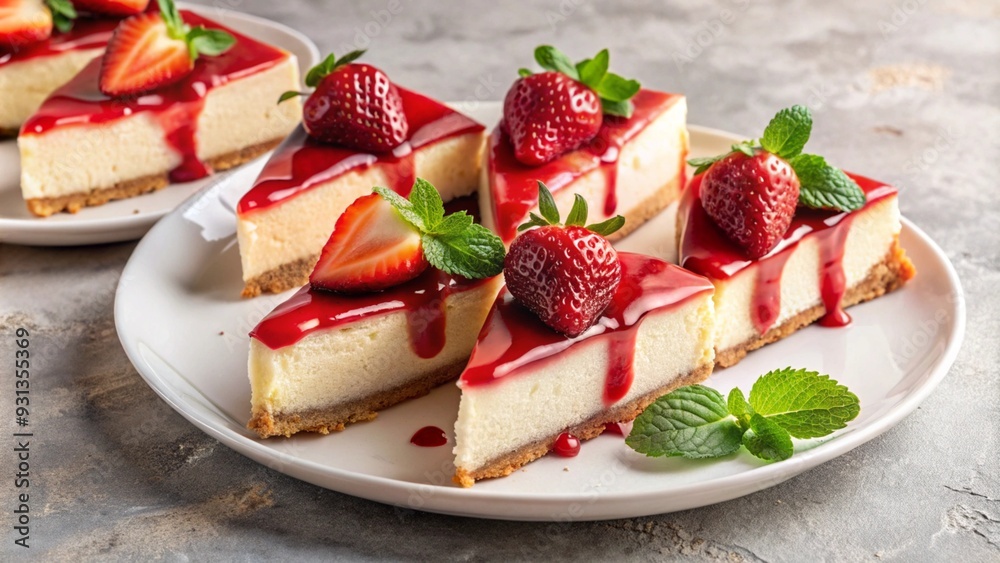 A white plate surrounded by four slices of rich, creamy cheesecake neatly aligned on it. Each slice is topped with a drizzle of strawberry sauce and a garnish of fresh mint leaves. A white plate surrounded by four slices of rich, creamy cheesecake neatly aligned on it. Each slice is topped with a drizzle of strawberry sauce and a garnish of fresh mint leaves.