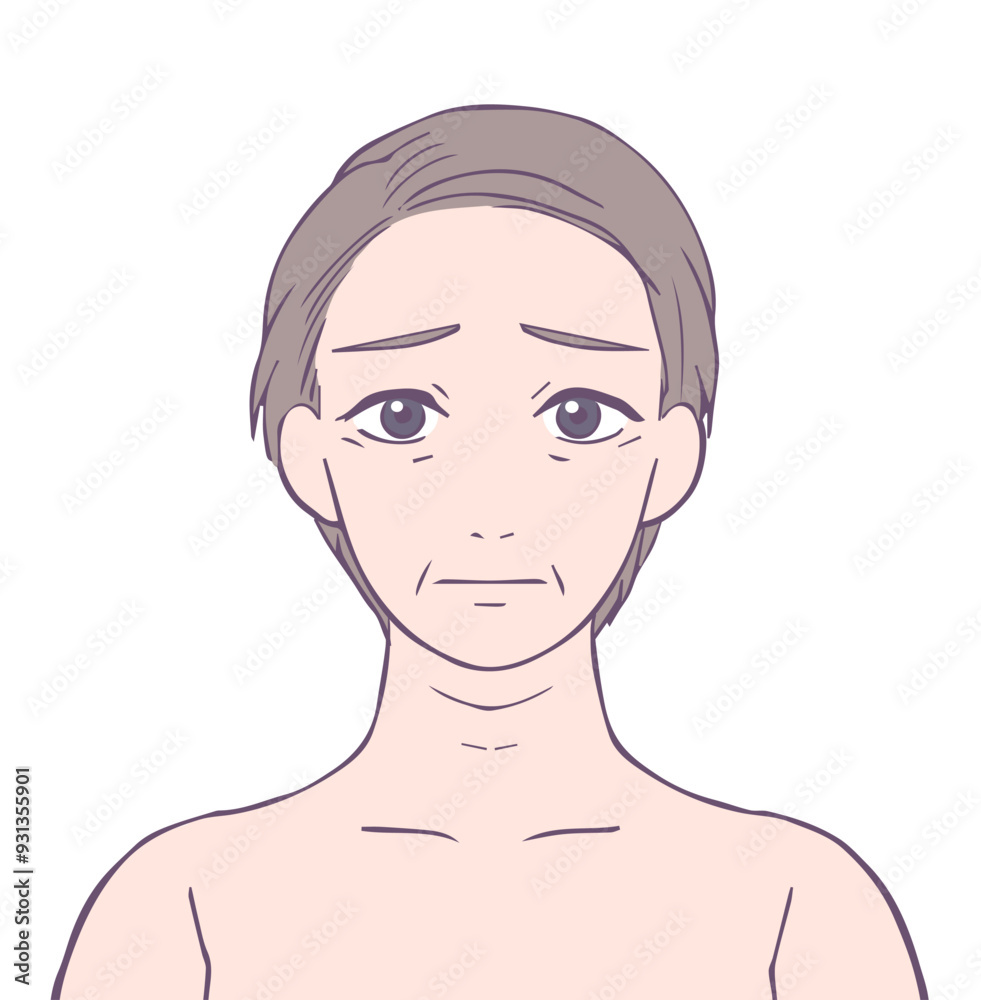 困った顔のミドル女性の上半身、ビューティーイラスト 困った顔のミドル女性の上半身、ビューティーイラスト