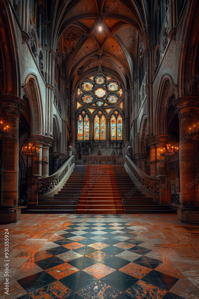 Fototapeta premium Majestic Gothic Cathedral Interior with Grand Staircase and Stained Glass Windows