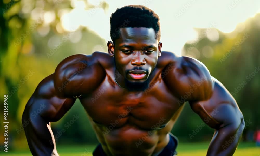Determined Ugandan Man Exercising Push-Ups in a Park Determined Ugandan Man Exercising Push-Ups in a Park