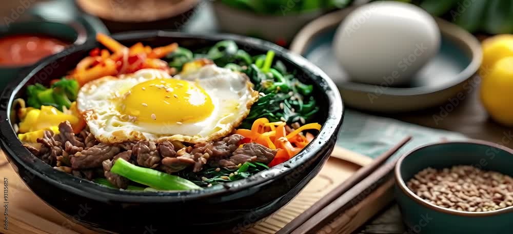 Traditional Korean dish bibimbap with fried egg, beef, vegetables. Traditional Korean dish bibimbap with fried egg, beef, vegetables.