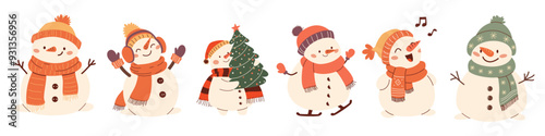Set of vector illustrations in children's style on white background. Cute New Year snowmen. . Vector illustration