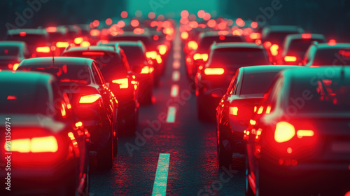 Heavy traffic with numerous cars on a busy road during twilight hours, illuminated by red brake lights. Urban congestion concept.