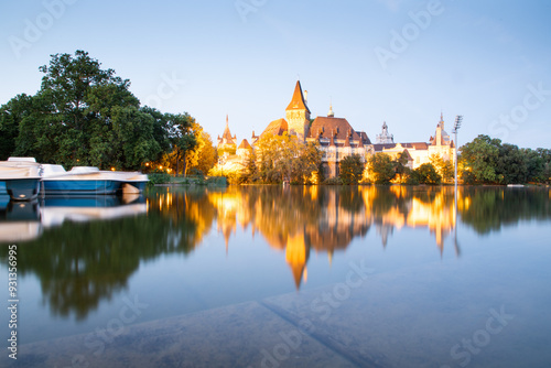 lakeside view of Vajdahunyad Castle in Budapest City Park