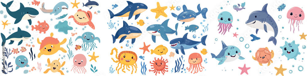 Fototapeta premium A cartoon illustration of ocean wildlife creatures. A cute water fish, sea horse, crab, shark, dolphin, turtle, and a happy jellyfish.