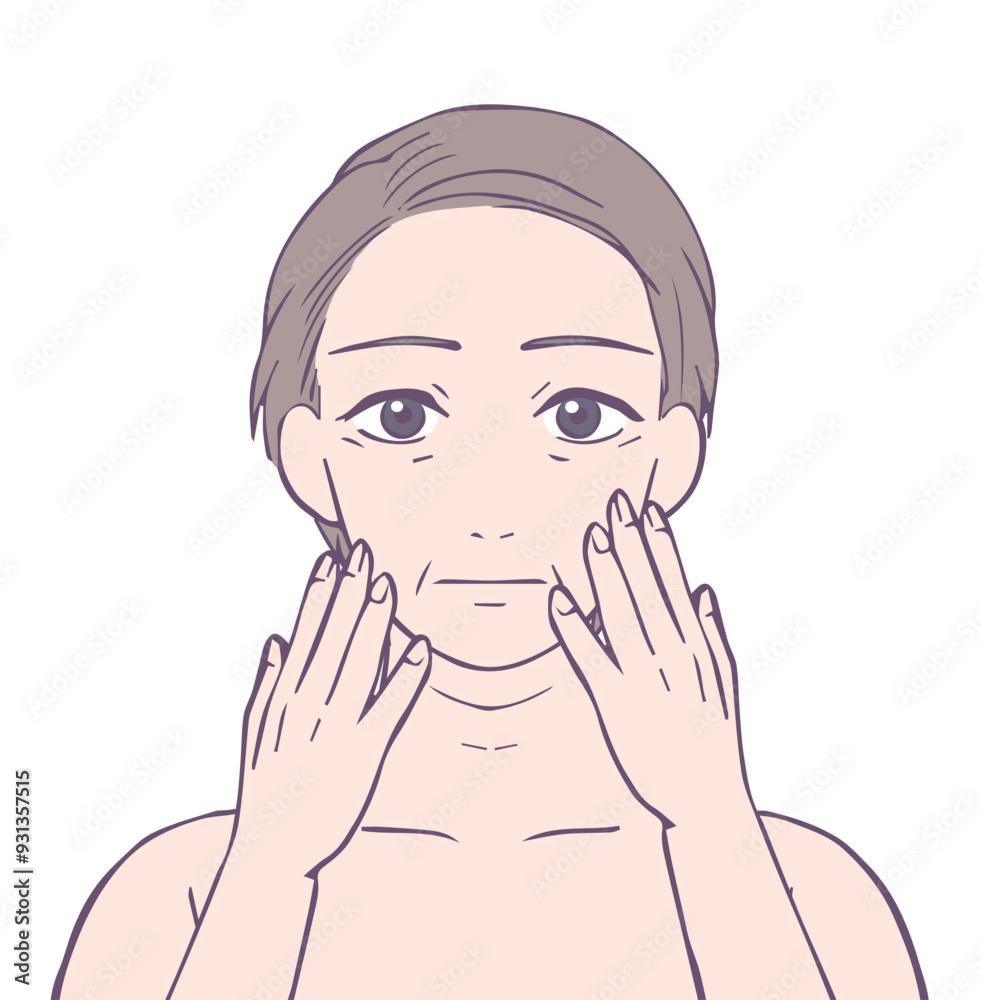 無表情のミドル女性の上半身、ビューティーイラスト