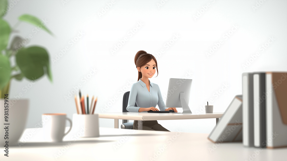 A 3D isometric cartoon female call center operator with European features, in a light blue blouse and black trousers, smiles while using a computer at a minimalist desk.
A 3D isometric cartoon female call center operator with European features, in a light blue blouse and black trousers, smiles while using a computer at a minimalist desk.