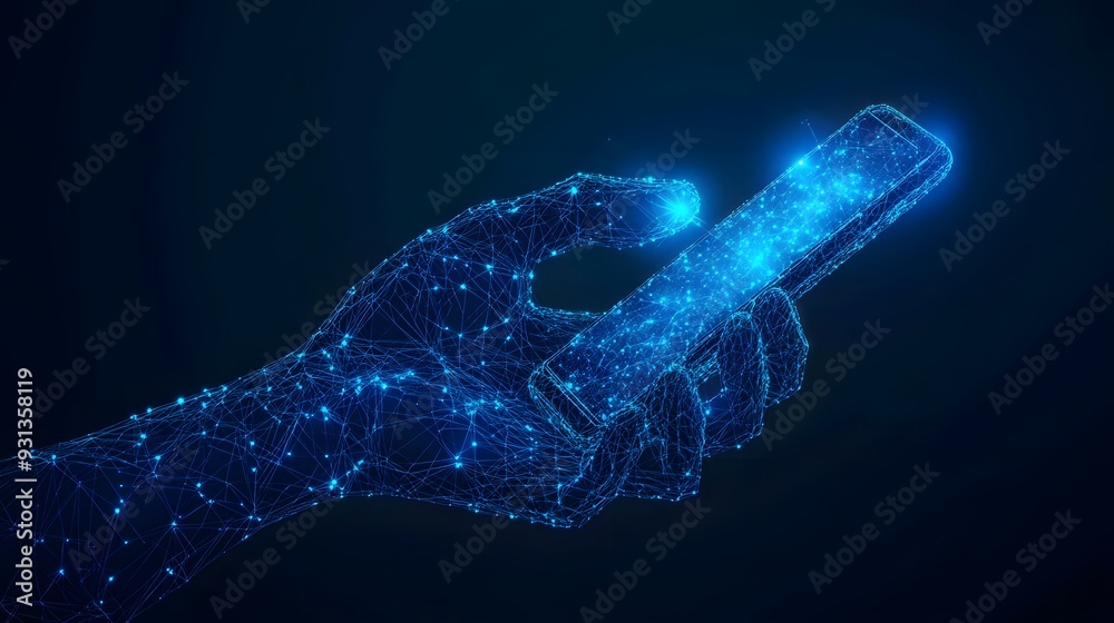 technology in electronics, digital blue low poly hand holding a smartphone with glowing data streams, ai in mobile applications, virtual assistants, communication platforms ,connectivity