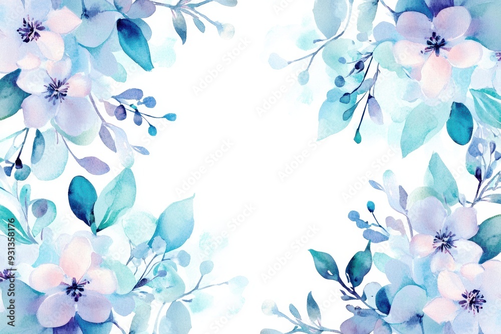 Fototapeta premium Serene watercolor floral border with delicate blue blossoms