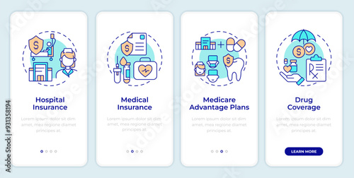 Government health insurance onboarding mobile app screen. Walkthrough 4 steps editable graphic instructions with linear concepts. UI, UX, GUI template. Montserrat SemiBold, Regular fonts used